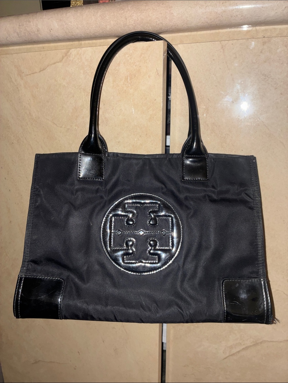 Tory Burch Black Nylon Tote with Patent Trim